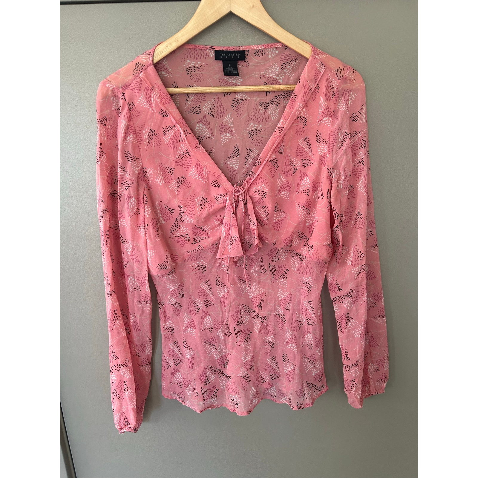 The Limited Pink 100% Shellsilk Blouse Vneck Ruffletie Frontlongsleeve Y2kdainty